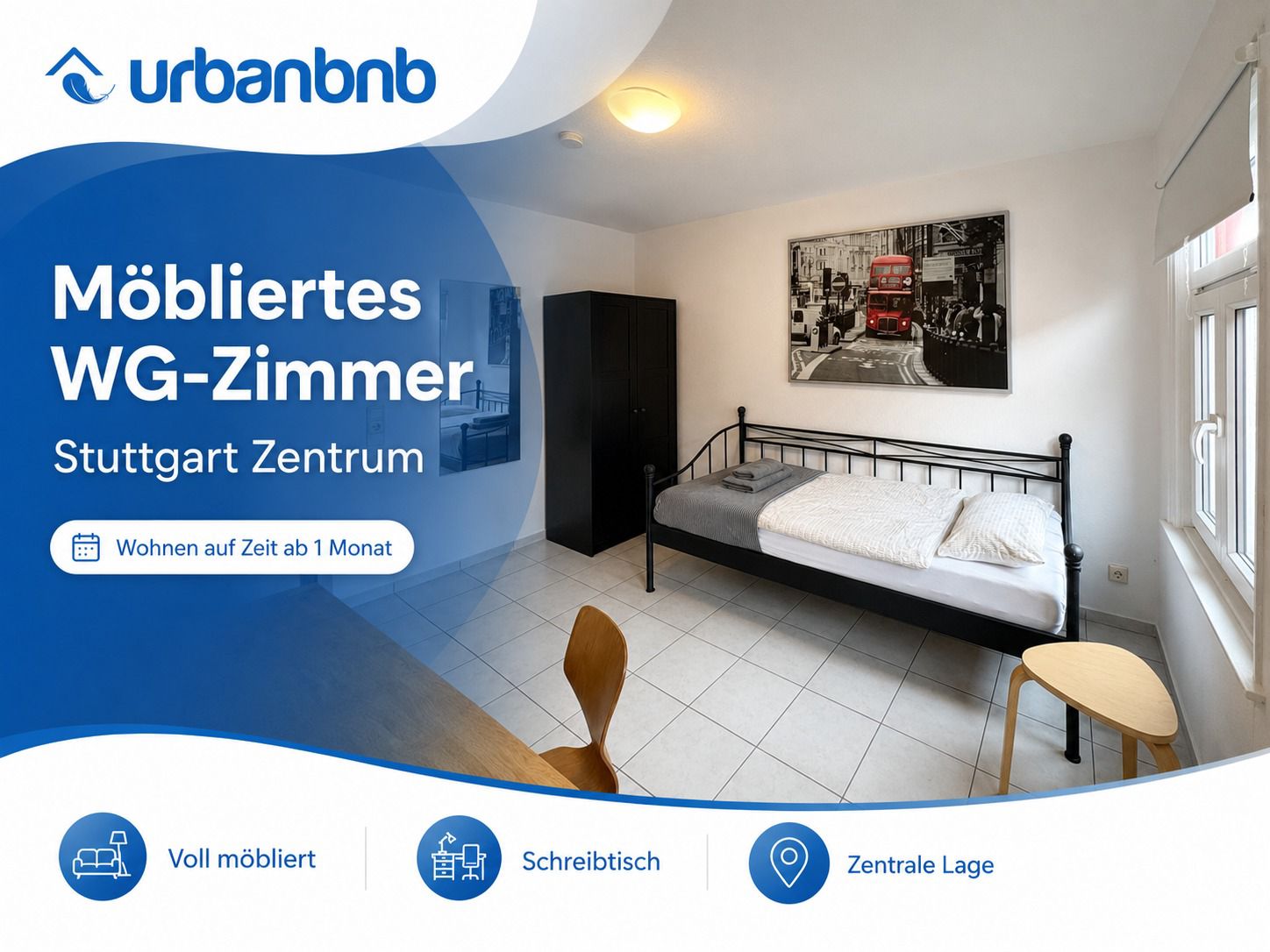 Möbliertes WG-Zimmer in Stuttgart-Zentrum als Wohnbeispiel für eine begrenzte Lebensphase