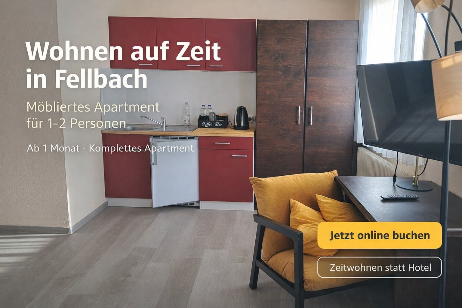Möbliertes Apartment mit eigener Küche in Fellbach, circa 30 Quadratmeter