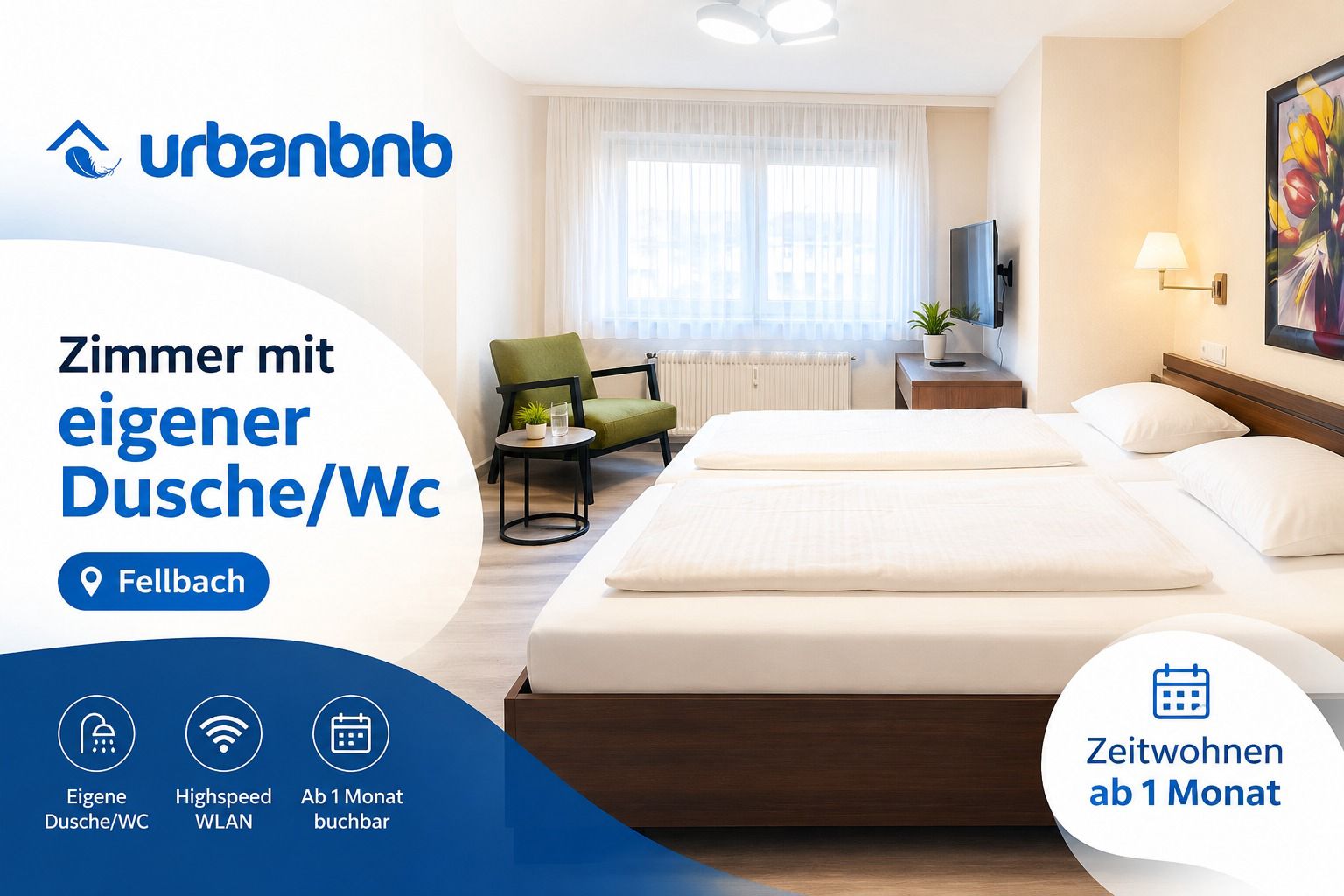 Möbliertes Doppelzimmer mit Doppelbett in Fellbach