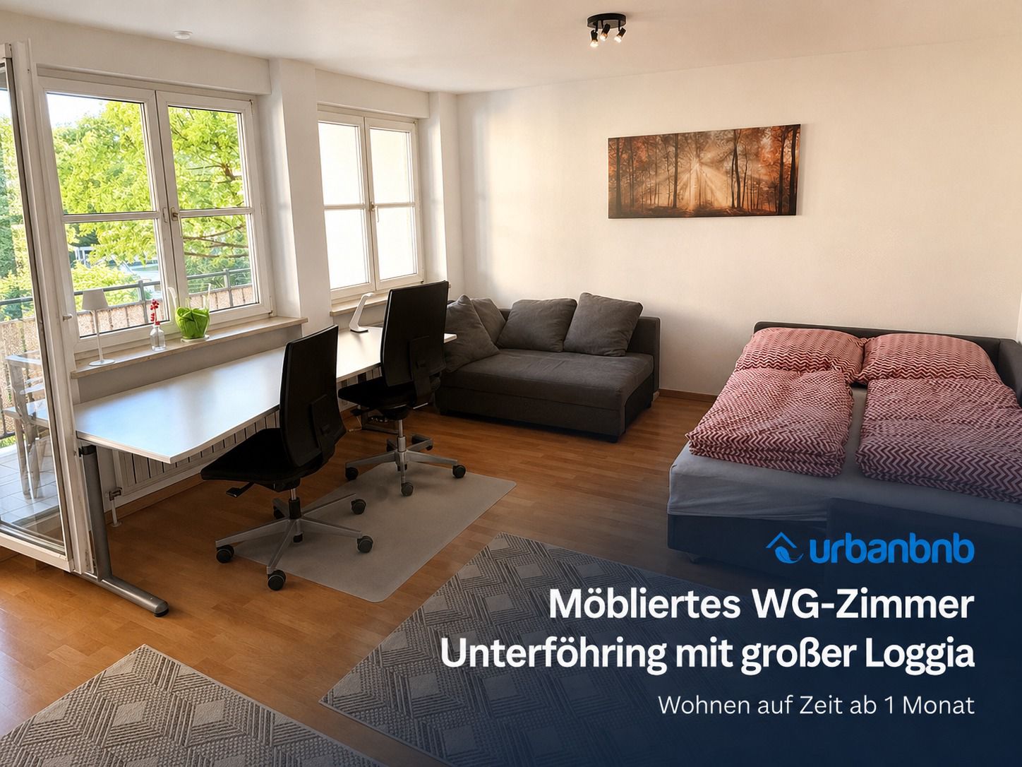 Zimmer 4 großes möbliertes WG-Zimmer mit eigener Loggia in Unterföhring nahe München