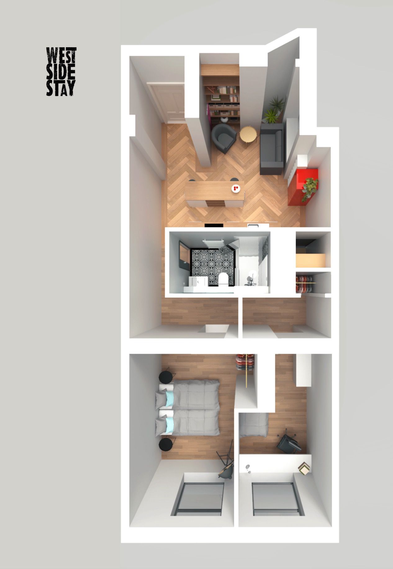 Grundriss der möblierten 2,5-Zimmerwohnung in Wiesbaden