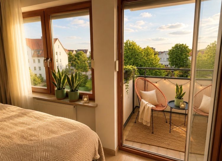 Bed by the window in temporary apartment Schwieberdingen